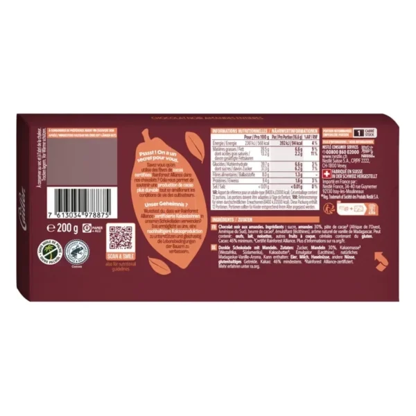 Cailler Crémant Barre chocolatée aux noisettes entières - 200g dos