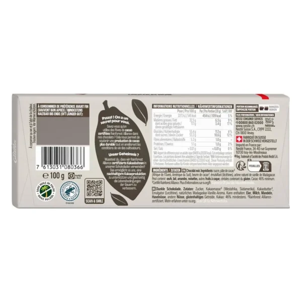 Cailler Crémant Intense Baton de ciocolată neagră - 100g înapoi