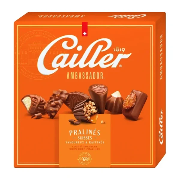 Cailler Ambassador Swiss pralines blue box with assorted milk chocolate and nut pralines
