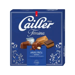 Cailler Fémina pralines blue Swiss box with assorted milk chocolate and hazelnut pieces