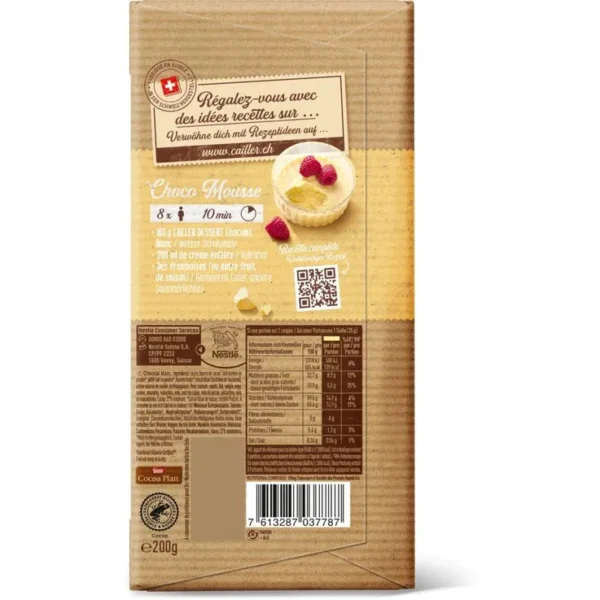 Cailler Dessert White Chocolate Bar - 200g back