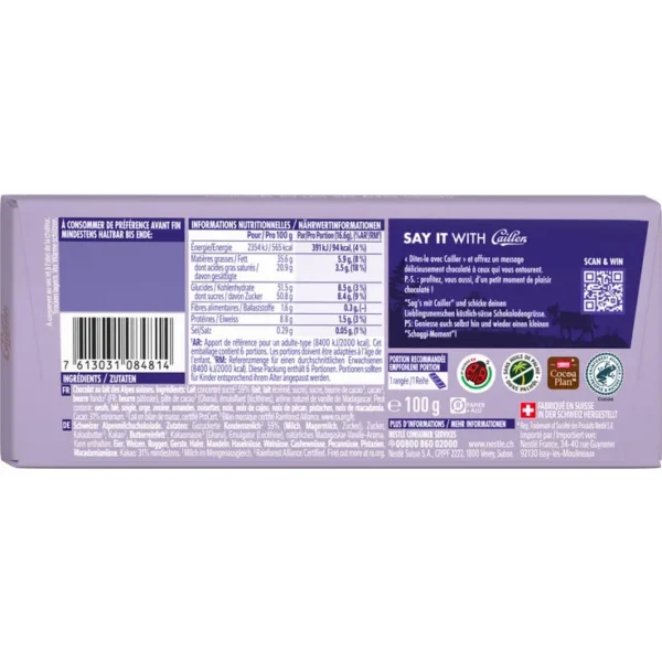 Cailler milk chocolate from the Swiss Alps - 100g back