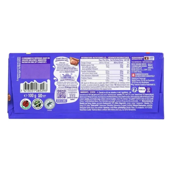 Cailler Chocmel Mjölkchoklad med mandel och honung 100g baksida