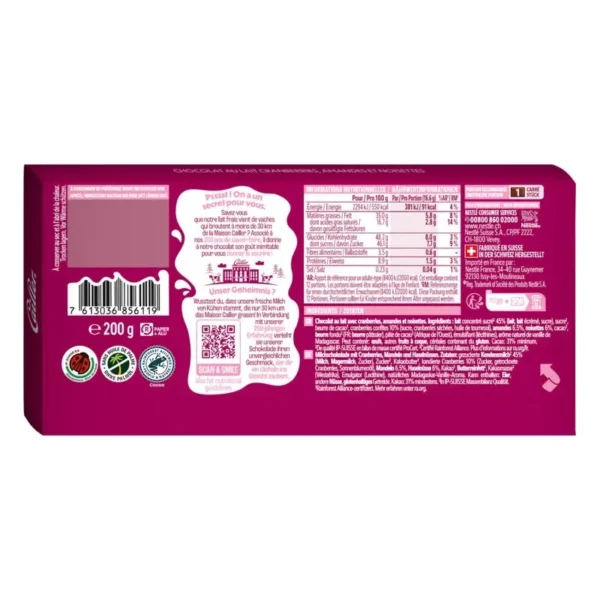 Cailler Swiss Milk Chocolate Cranberry & Nut Bar - 200g πίσω