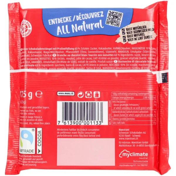 Munz White Chocolate Bars with Praline Filling – 5x23g back