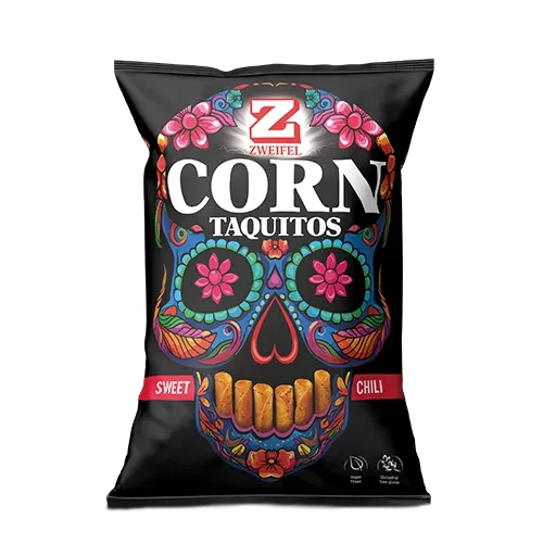 Bag of Zweifel Taquitos Sweet Chili 125 g – rolled gluten-free vegan corn chips with sweet-chili seasoning Bag of Zweifel Taquitos Sweet Chili 125 g – rolled gluten-free vegan corn chips with sweet-chili seasoning
