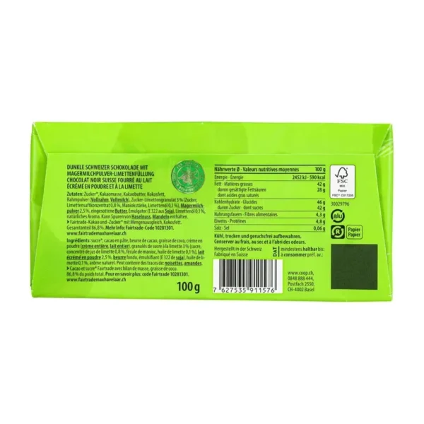 backHalba Lime Dark Chocolate 100g - schweizisk Fairtrade-chokoladebar med forfriskende lime