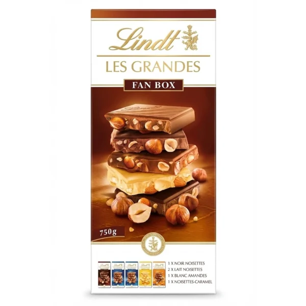 Lindt Les Grandes Fan Box 750g with five Swiss nut chocolate bars on white background Lindt Les Grandes Waaierdoos 750g met vijf Zwitserse noten chocoladerepen op witte achtergrond
