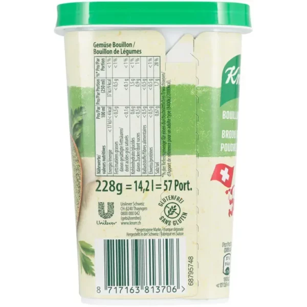 Knorr vegetable stock powder 228g back label with ingredients